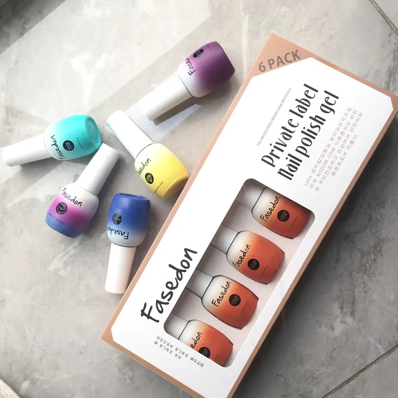 

Fasedon Brand high quality 15ml candy 6 colors uv gel nail polish set box nail polish gel led sets, Diamond top coat