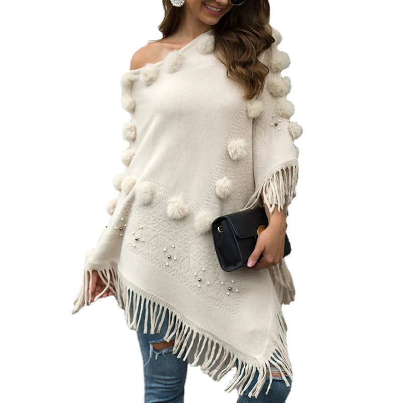 

2021 autumn and winter new fashion women's shawl tassel cloak wool ball nail bead round neck sweater women