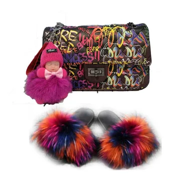 

GW New Multi colored crossbody rainbow jelly woman set bag for women luxury matching fox fur slides sandals, Colorful