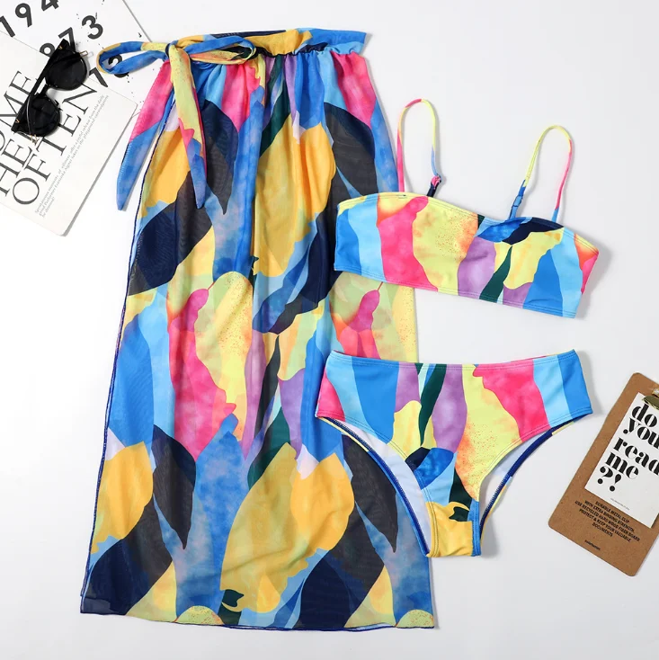 

2021 New Flora Print 3 piece swimsuit set Sexy Bikini Swimwear with Mesh Cover Up Women Bathing Suits, As pitures/customized colors