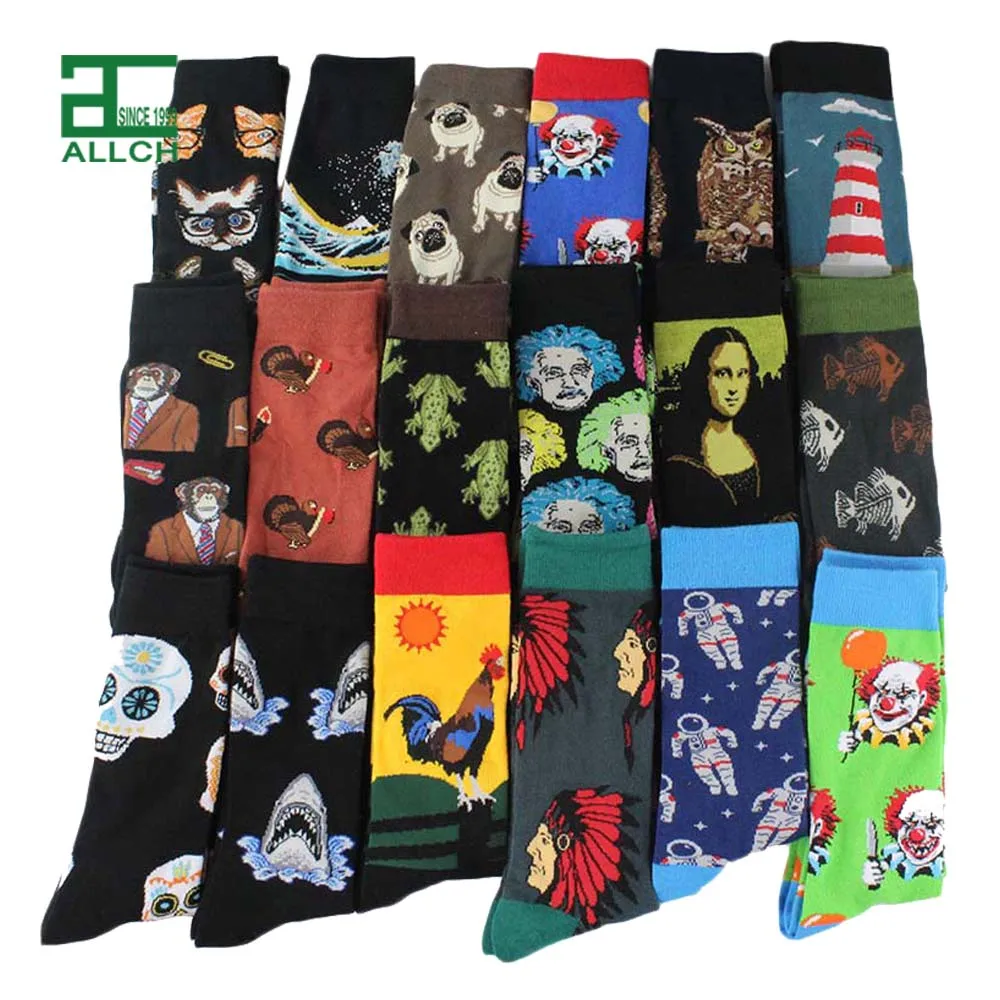 

ALLCH Amazon Hot Selling 100% Cotton Bulk Production Male Tube Knitted Jacquard Cartoon Animal Retro Jesus Crew Mens Happy Socks, Picture shown