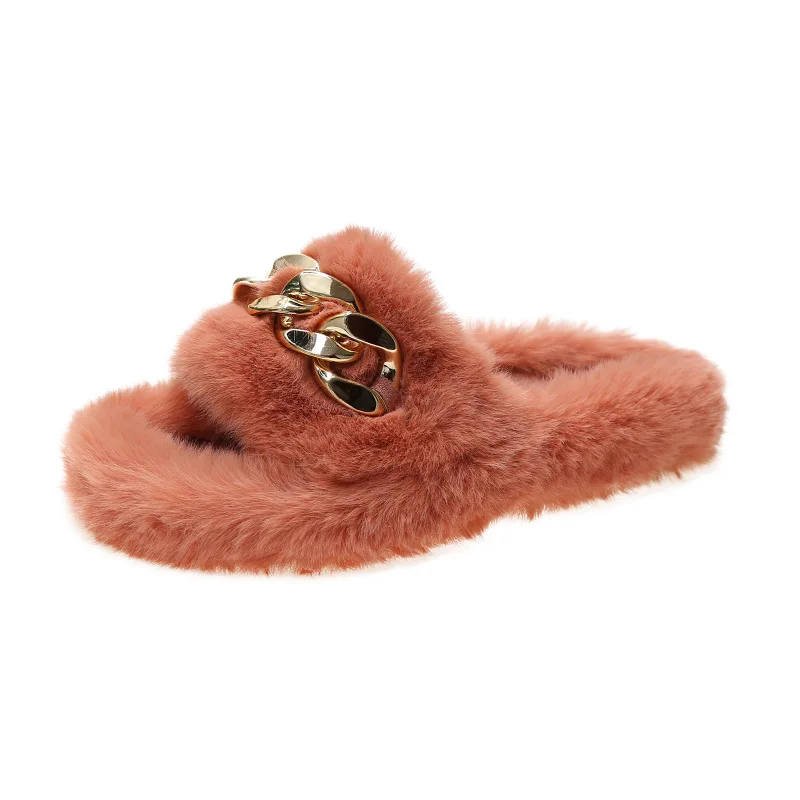 

Fashion Ladies Open Toe Slides Fluffy Golden Chain Faux Fur Women Slippers