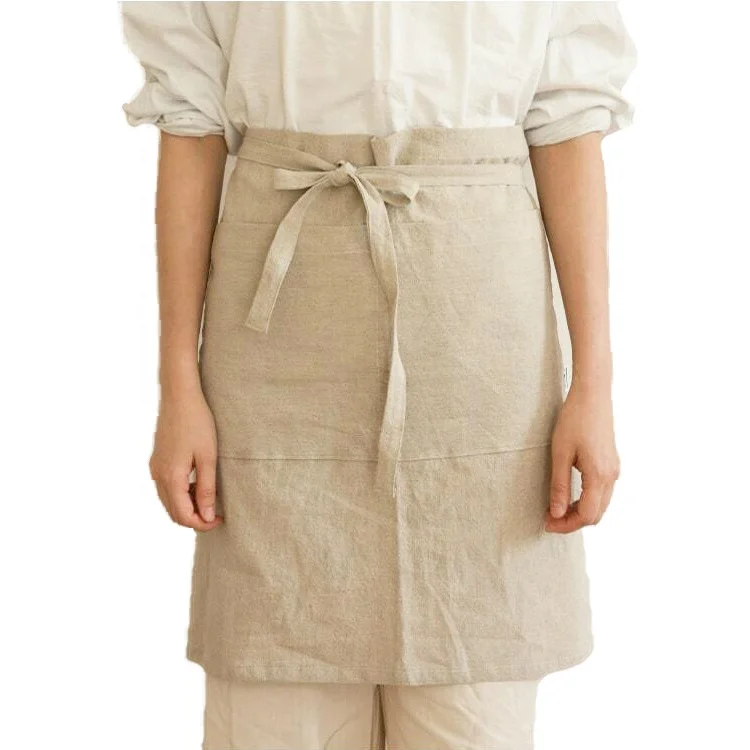 

Custom Japanese Korean Half-length Casual Fashionable Embroidered Linen Cooking Apron For Kitchen, Flaxen