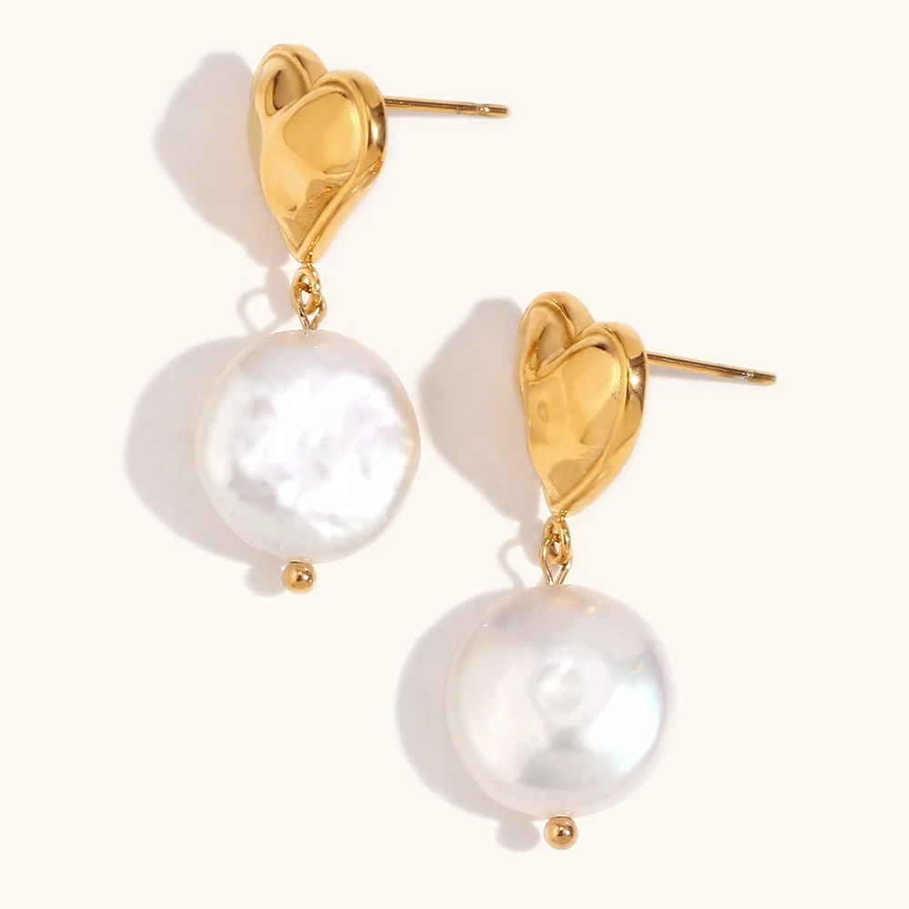 

Dingran Wholesale Fresh Water Pearl Heart Drop Earring 18K Gold Plated Stainless Steel Earrings For Women