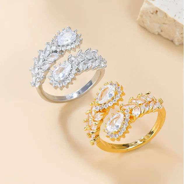 

Luxury Zircon Leaves lower Rings For Women Stainless Steel Gold Plated Opening Ring Trend Wedding Party Fashion jewelry