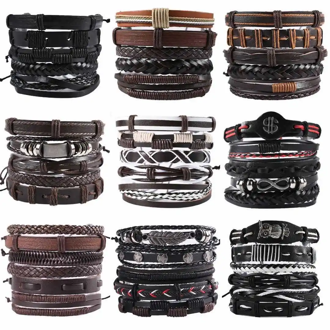 

45 Style Retro Metal Leather Bracelets Sets Men Jewelry Vintage Handmade Anchor Charm Bracelet Bangles Homme Male Jewelry Gifts