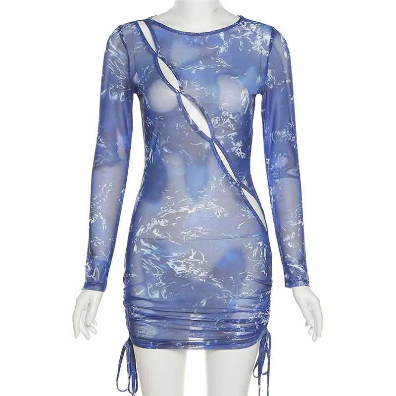 

Women's New Long Sleeves Round Neck Fashion Print Sexy Hollow Slim Dress, Blue