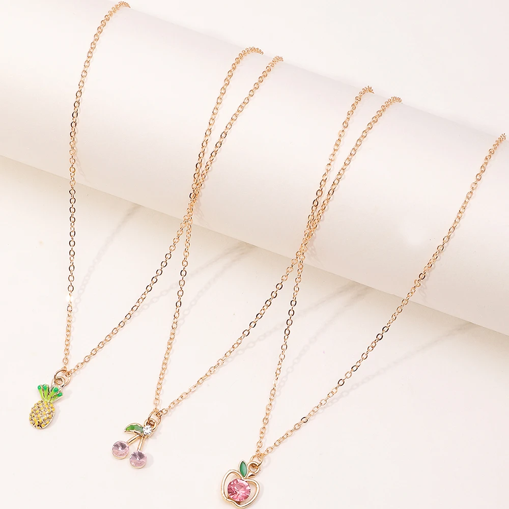 

3pcs/set Wholesale Fashion Pineapple Apple Cherry Shape Necklace Colorful Fruits Pendant Necklace For Girls