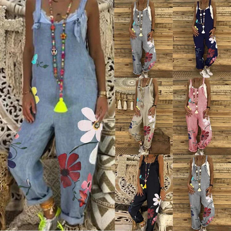 

2021 Women Plus Size Overalls Casual Loose Romper New Ladies Big Daisy Flower Print Suspenders Jumpsuit