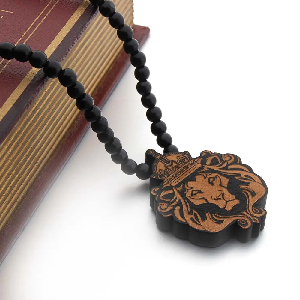 

New personality The lion king pendant wood Holy rosary Necklace for men trendy wood beads chain jewelry, 5 colors