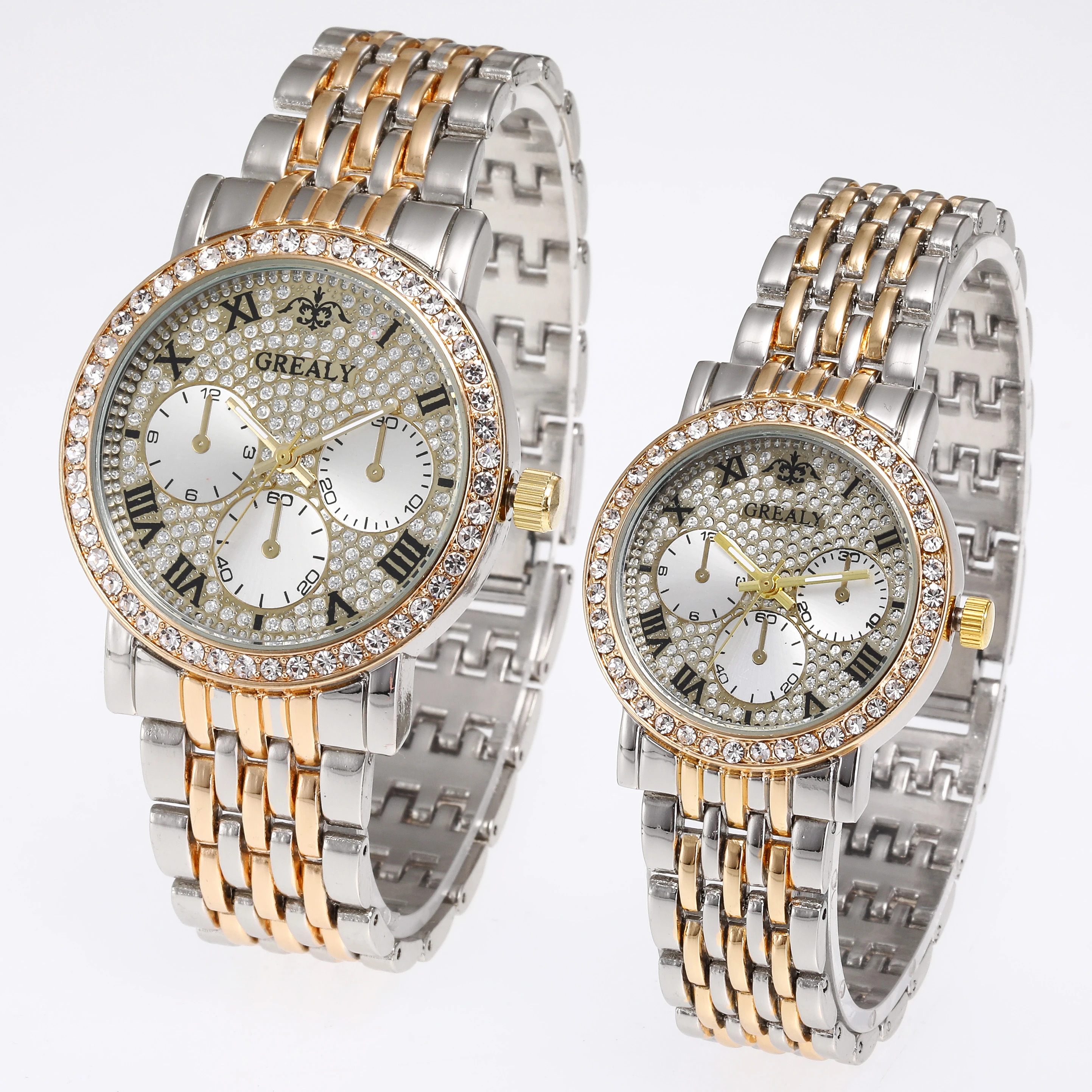 

Steel band gold watch with Roman scale simulation three-eye diamond casual fashion business couple watch, 11 colors