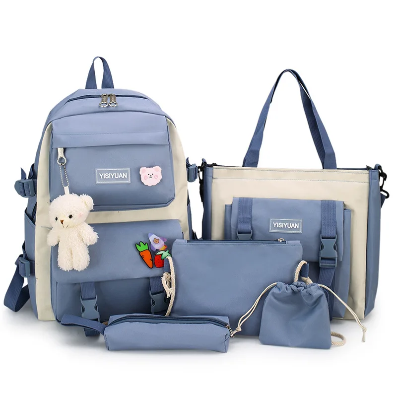 

New Canvas Backpack Female Korean Harajuku High-capacity Five-piece Set Middle School Backpack Student Schoolbag