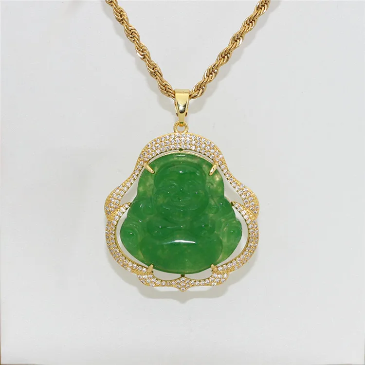 

Hip Hop Jewelry Malay Jade Maitreya Buddha Pendant Men And Women Style Trendy Copper Inlaid Zircon Necklace, Picture shows