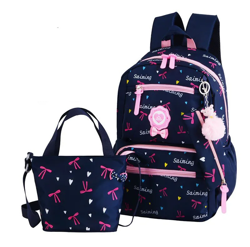 

Big capacity kids 3 pieces student school backpack set for girls,cheap China school bag,student school bag, Navy,pink,purple,sky blue