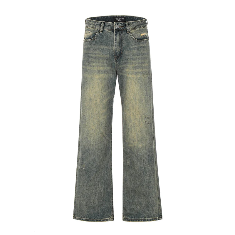 Men's High Street Fashion Light Washed Denim Trousers Blue Retro Cowboy Stacked Flare Autumn Jeans With Zipper Fly