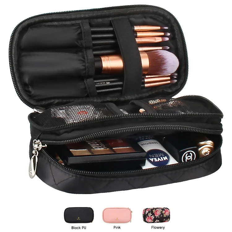 

Relavel Small Black Compact 2 Layers Nylon Travel Makeup Cosmetic Pouch Bag for Women