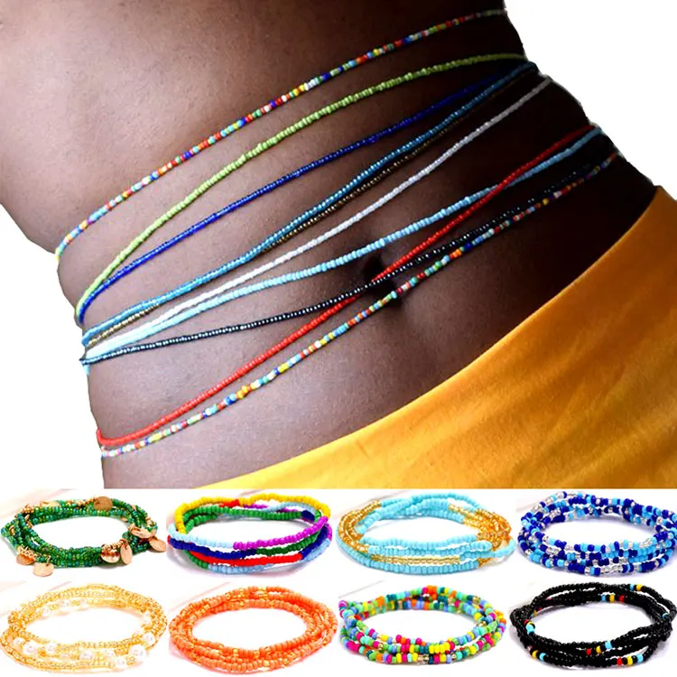 

SC Wholesale 75 Colors Handmade Beaded Belly Waist Chains African Women's Sexy Body Chain Bohemian Stackable Waist Beads Chain, 100 multicolors