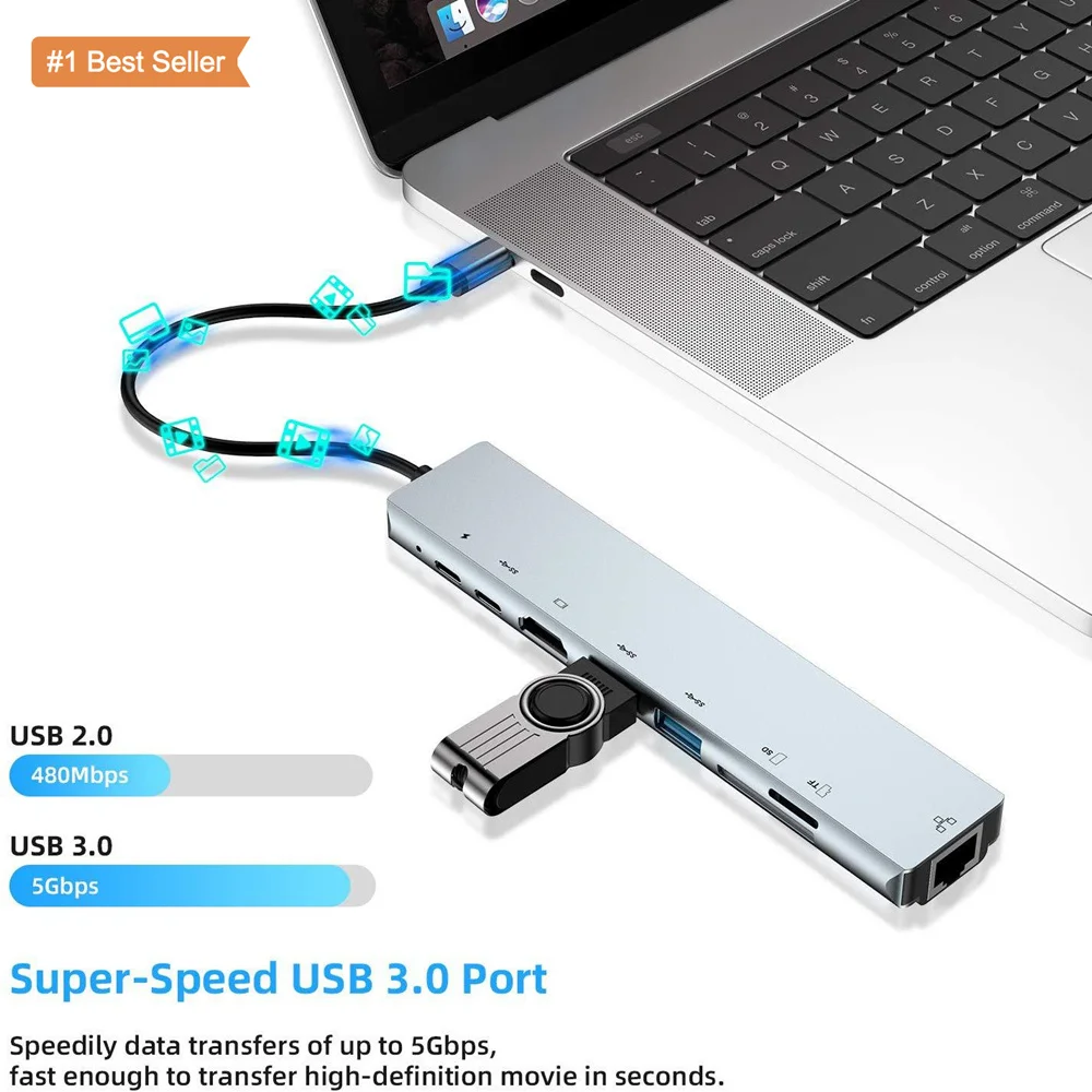 

8 in 1 USB-C Hub Adapter Geschikt Type-C Kabel naar 4K UHD MD Converter Ethernet Thunderbolt USB-C Hub, Silver