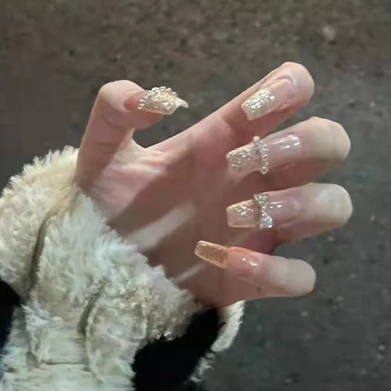 

24pcs press on nail nude color false nail rhinestone decoration long coffin ballerina nail detachable artificial fingernail