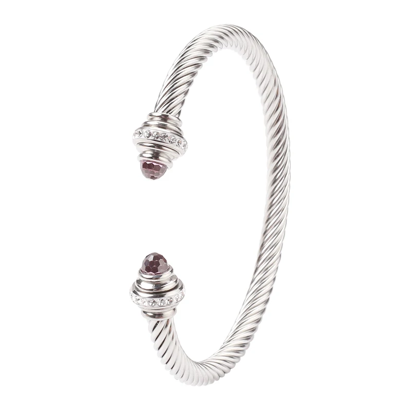 

Fashion Cable Bracelet Wire Rope Twisted Open Cuff Bracelets Stainless Steel Bangle Setting Movable Pink Crystal