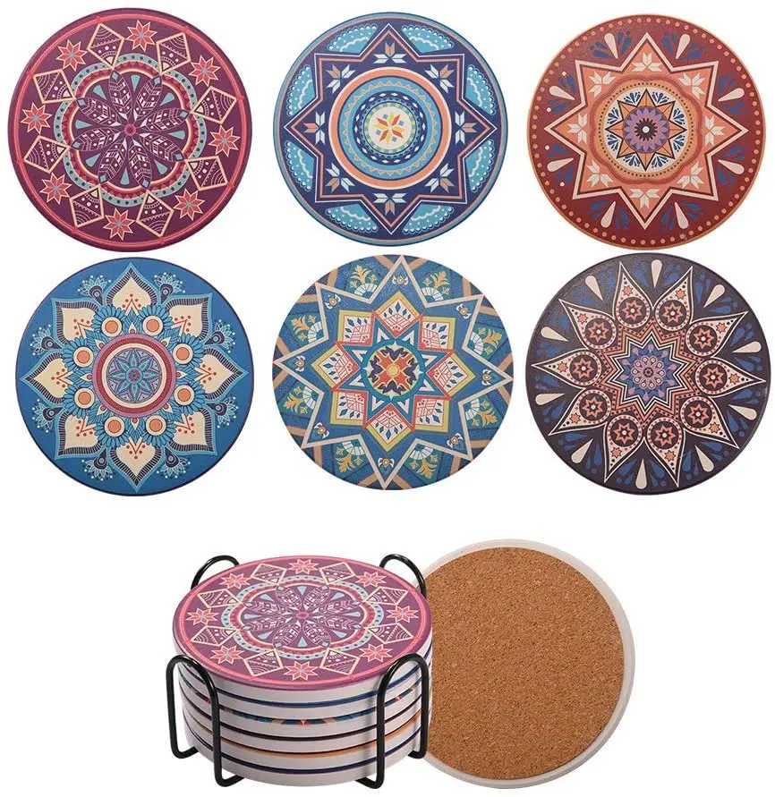 

Coasters for Drinks, Absorbent Mandala Ceramic Coasters with Cork Base, Coffee Drink Cup Mat for Home and Kitchen, Housewarming