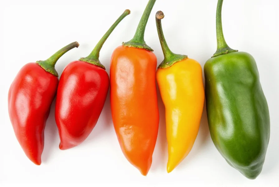 Close-up comparison of bird's eye chilies next to common substitute peppers showing size and color differences