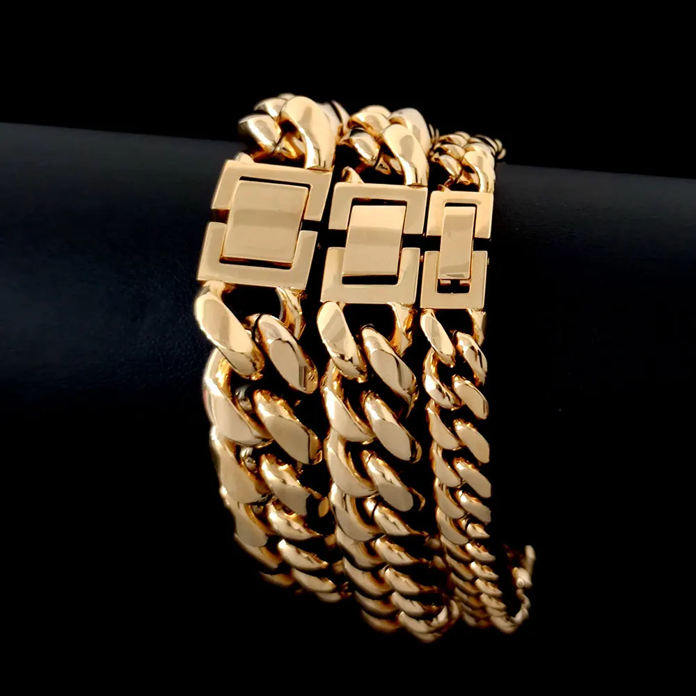

Gold Plated Miami Pulseras De Oro Stainless Steel Cuban Link Chain Hip Hop Jewelry Men Bracelet