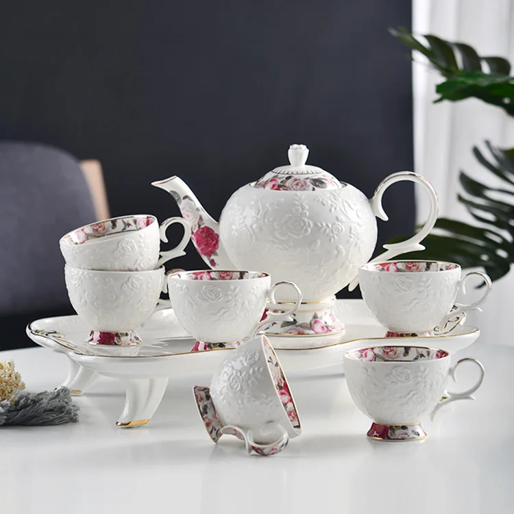 

Elegant European Style Flower Pattern Relief 8PCS Porcelain Coffee Tea Set with Tea Pot Rack and Cup Set