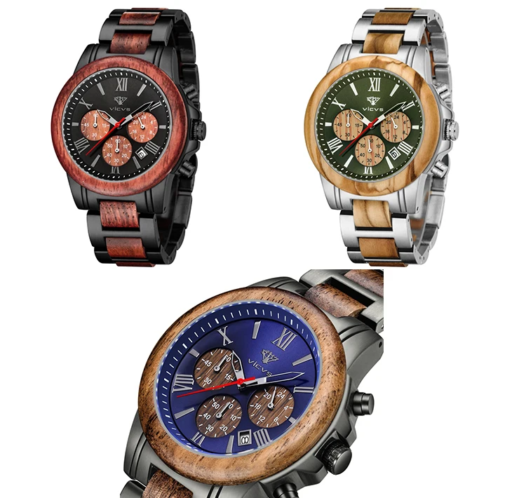 

New Design Private Label Wrist Custom Logo Men Multi Dial Quartz Watches Stainless Steel Watch With Wood Strap Wood Watch
