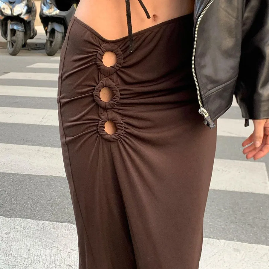 

Nibber K21J02275 Summer Elegant Sexy Casual Streetwear Solid Color Hole Asymmetrical Ruched Long Skirt Lady Bodycon Women Skirts, Coffee