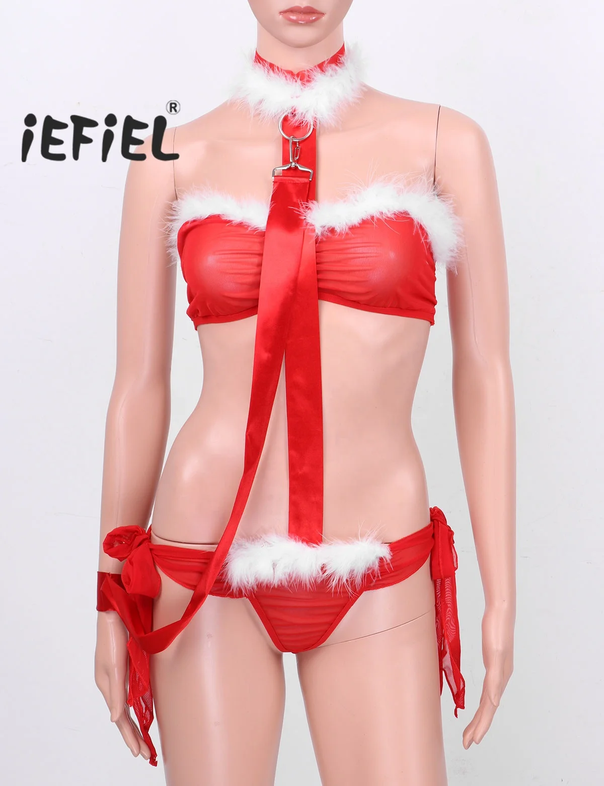 

3Pcs Womens Erotic Sheer Mesh Santa Costume Christmas Lingerie Set Strapless Feather Trim Bra with Halter Neck Tie Side Bodysuit, Red