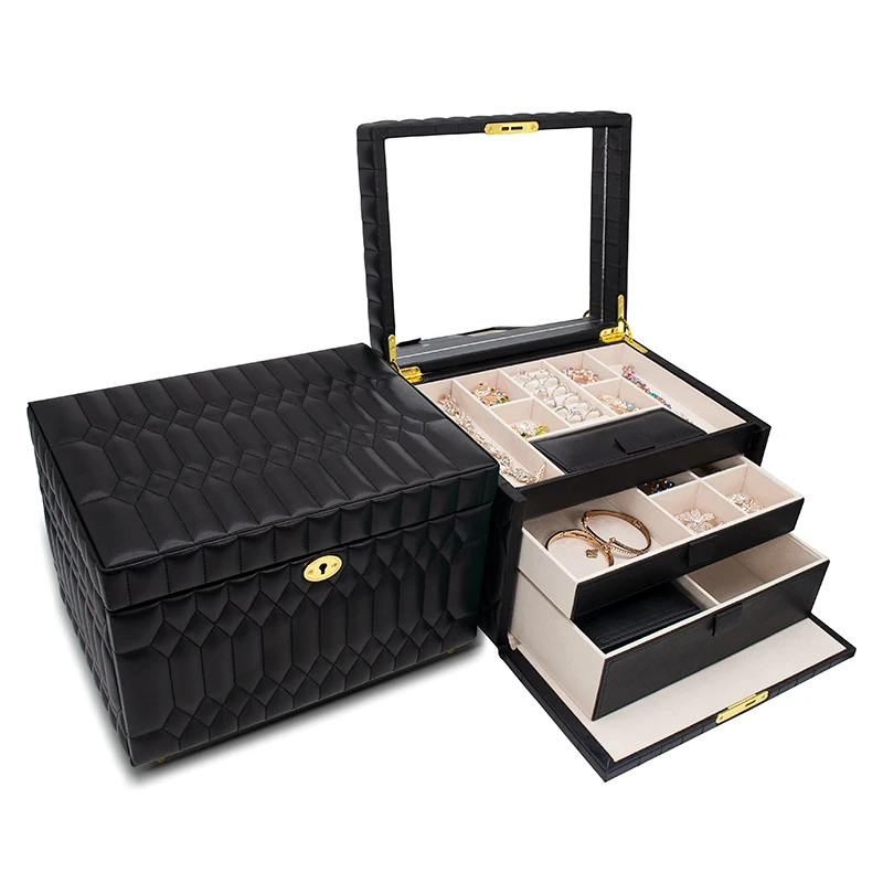 

New Design Jewelry case large capacity household jewellery multilayer lock storage box Bracelet Earring Necklace, Black green pink