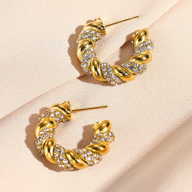 

Non Tarnish Jewelry CZ Zircon Twisted Rope Geometric Earrings 14K Gold Plated Stainless Steel Twist C Shape Stud Earring YF2314