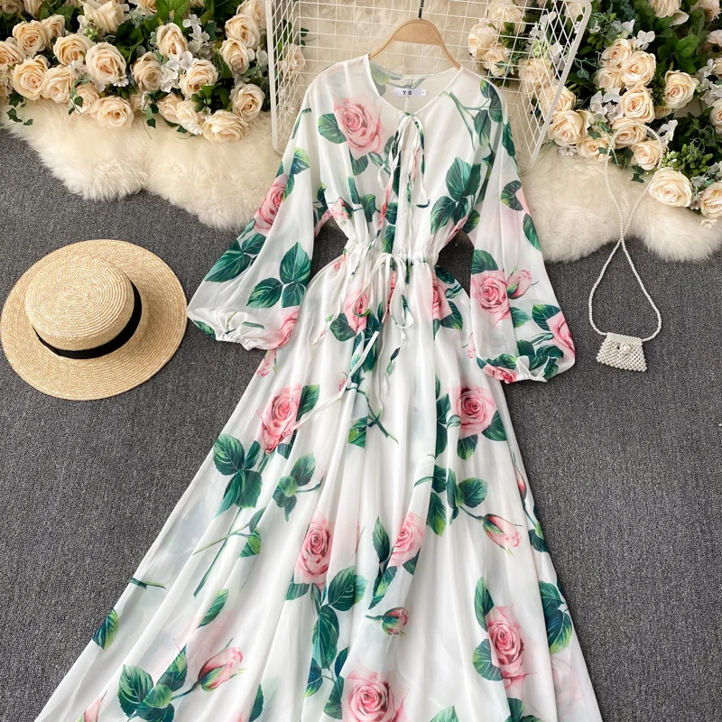 

2021 Customized Tags Spring Summer Women French Floral Printed Long Dress, Shown