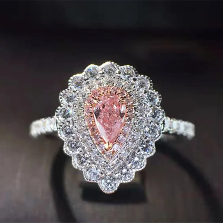 

hot sale big pear cut gemstone jewelry 18k gold 0.181ct natural pink diamond ring for women