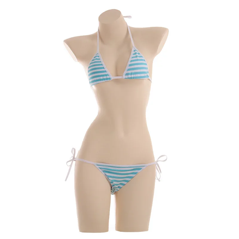 

Japanese Sexy Lingerie Lolita Kawaii Blue Pink White Striped Mini Bikini Adult Cosplay Erotic Costumes Bra Women Underwear Set