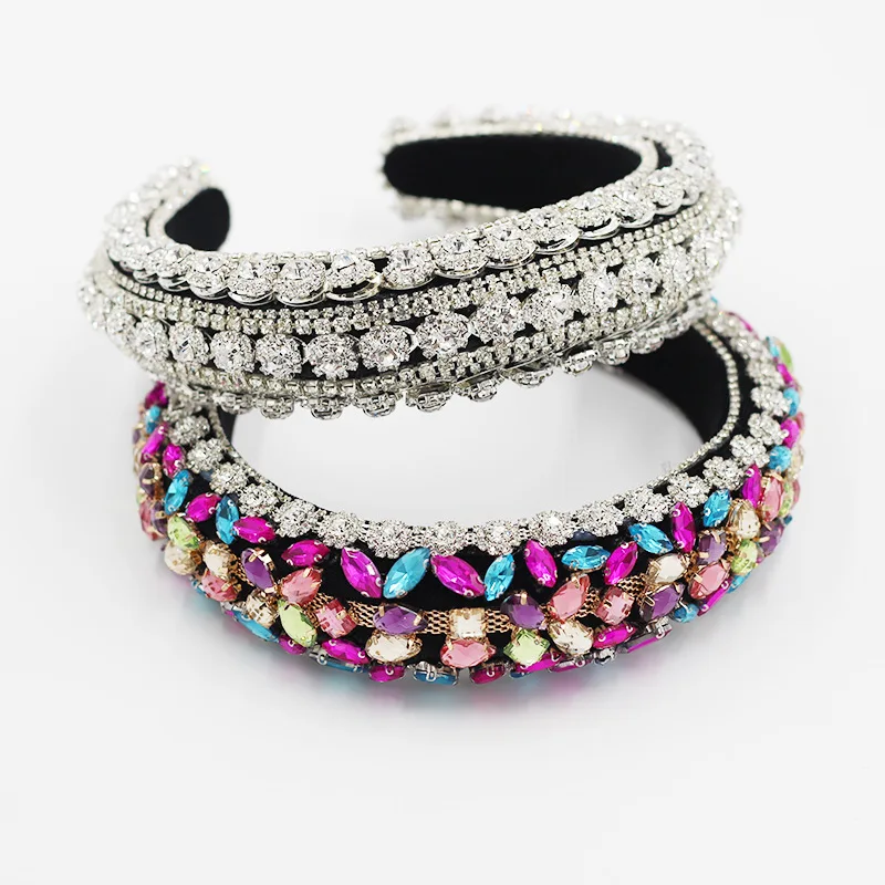 

HOVANCI Baroque Luxury Exquisite Full With Diamond Head Wear Retro Wide Sponge Hyperbole Inlay Crystal Hair Hoop Wedding Party, As picture