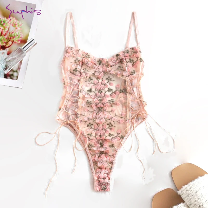 

SUPHIS Embroidered strap one-piece sexy pajamas Erotic Corset Lace Mesh Sleepwear Nightwear Women lingerie Sexy Underwear