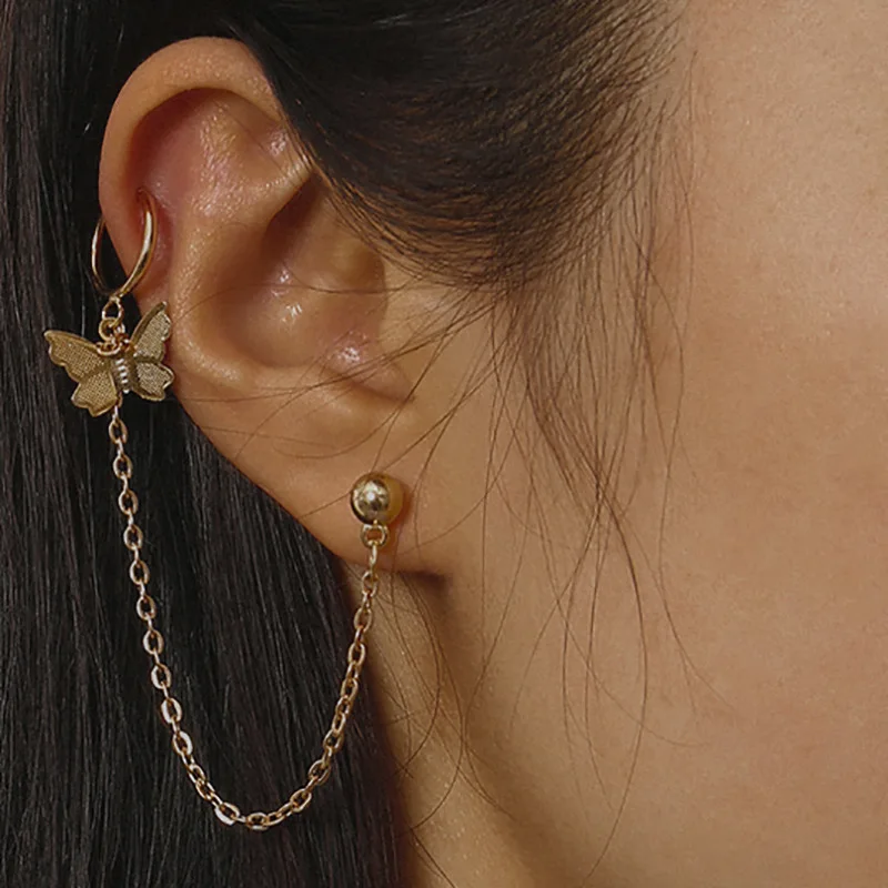 

Delicate Design Long Link Chain Butterfly Clip On Earring Single One Piece Butterfly Stud Earring
