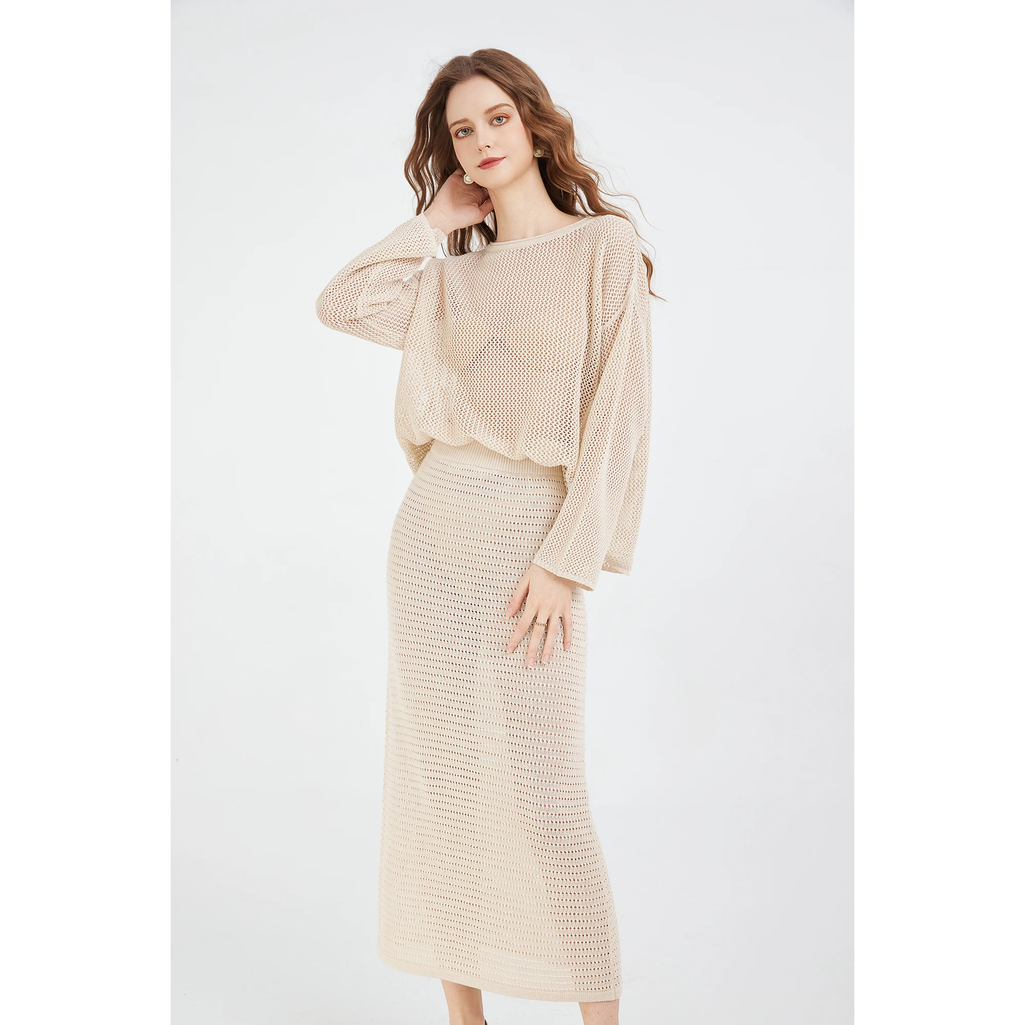 Women's Pointelle Sweater and Maxi Skirt 2-piece Set Knitted Long Sleeve Round Neck Top and A-line Skirt Set