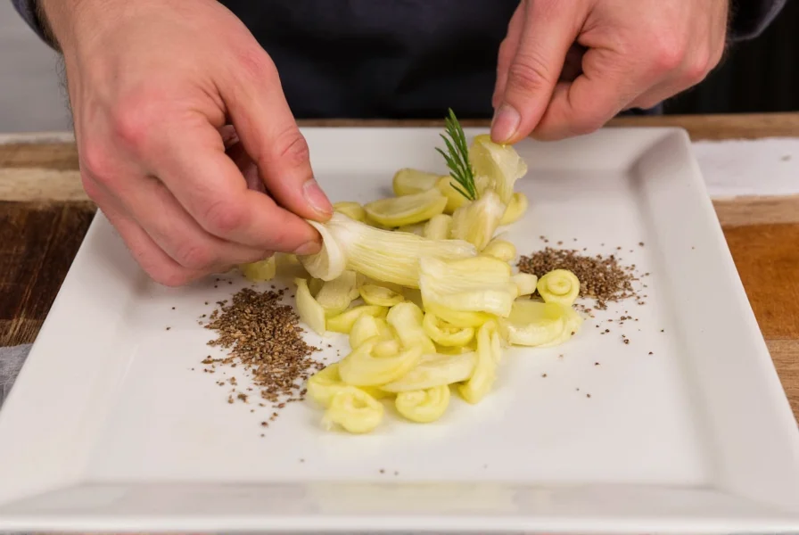 Chef's hands preparing a dish with both fennel bulb slices and anise seeds showing proper culinary application of each ingredient