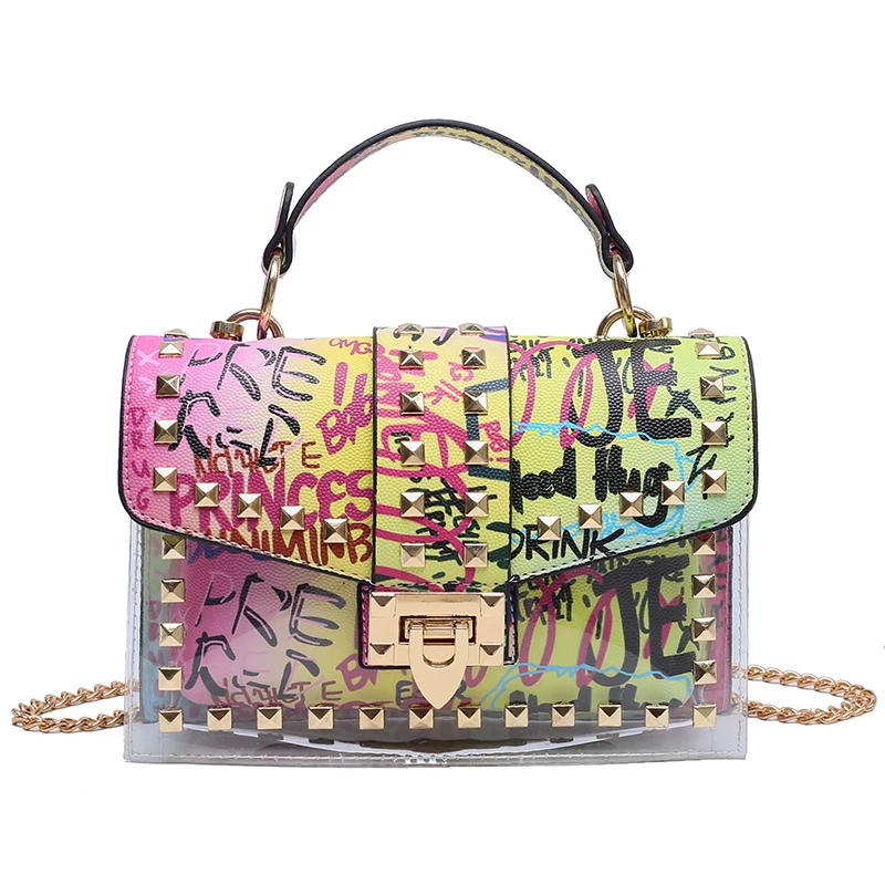 

Fashion Graffiti Messenger Bag Chain Female Clear Jelly Bag Shoulder Bag Rivets Transparent Square Pvc Handbag And Purses, Multicolor
