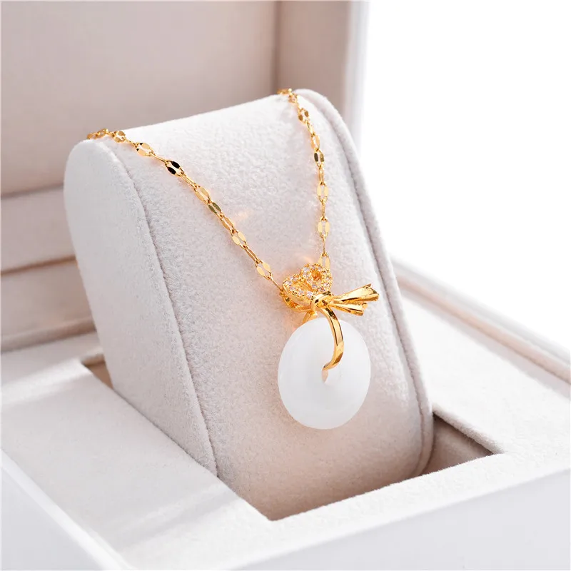 

2021 Sailing Jewelry Fashion Titanium Steel Chain Jade Necklace Female Opal Personality Hetian Jade Stainless Steel Necklace