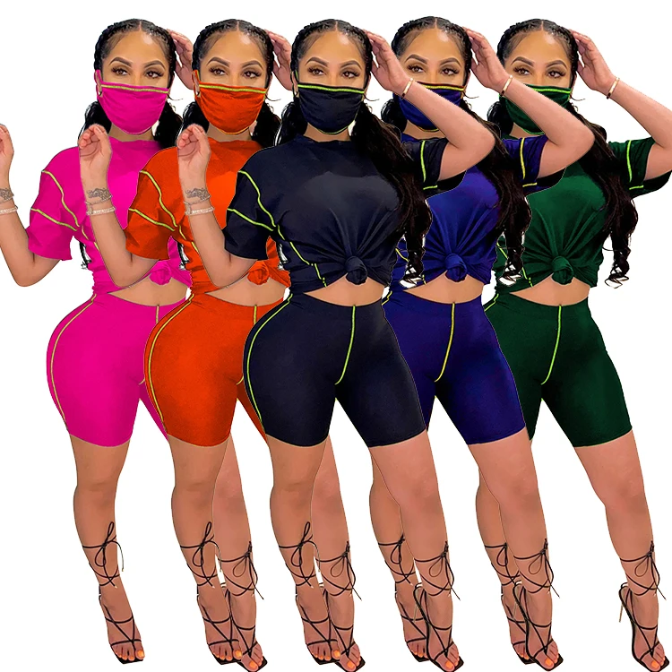 

2020 Hot Sexy Bra Crop Top Straps Grid Splicing Shorts Sets Two Piece Set Women Clothing, Picture color