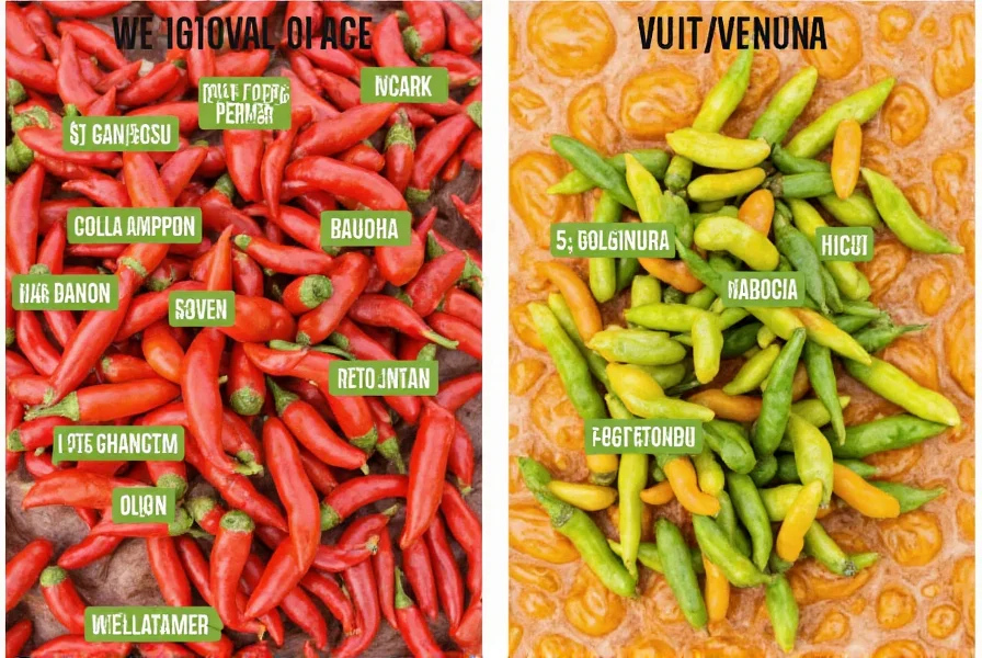 Side-by-side comparison of chili pepper varieties with labels showing regional spelling preferences