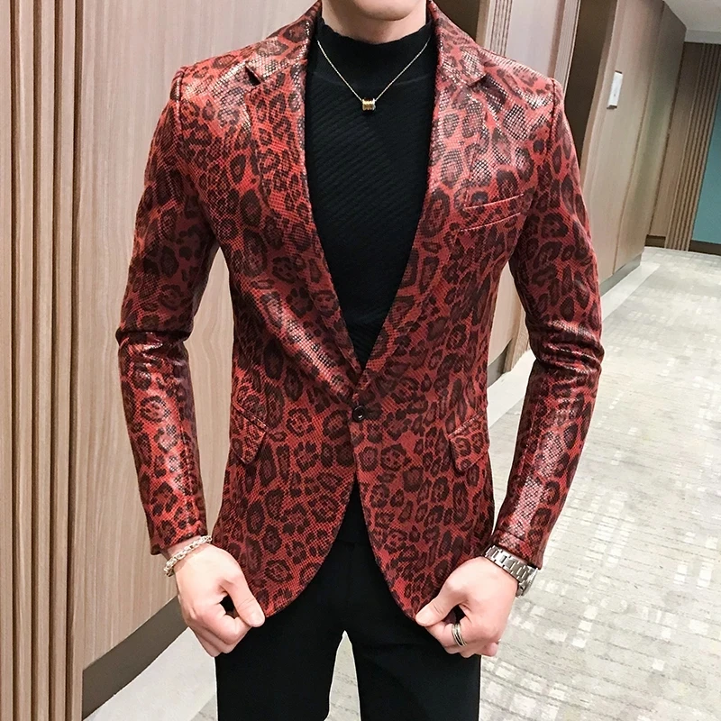 

Men Autumn New Leopard Leather Slim Suit Jacket Male Business Casual Snake Print Overcoat Outerwear Faux Leather Coat