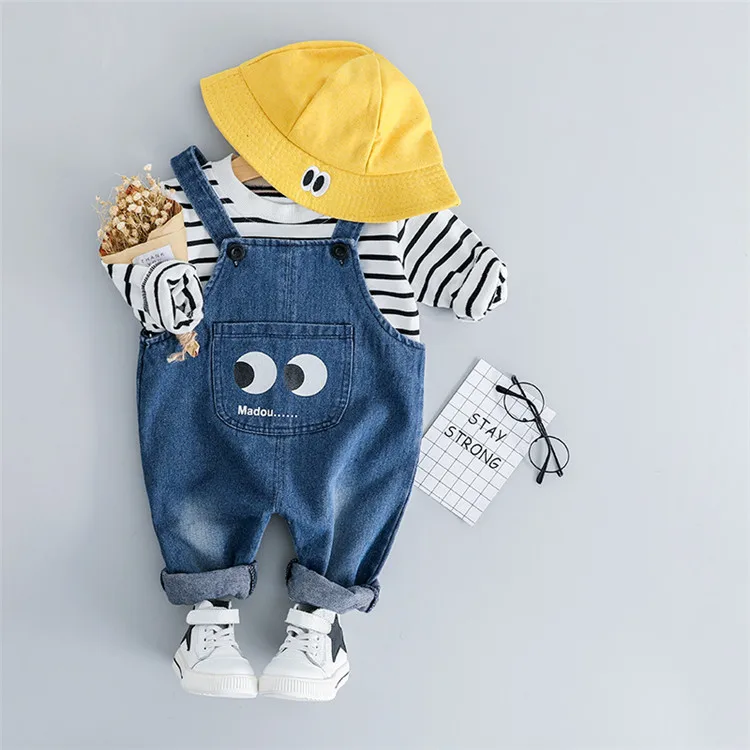 

Boy Clothes Sets Striped Long Sleeve Shirt + Suspender Pant Jeans Two Piece Outfit Spring Autumn Baby Wearing Hot Sale, White