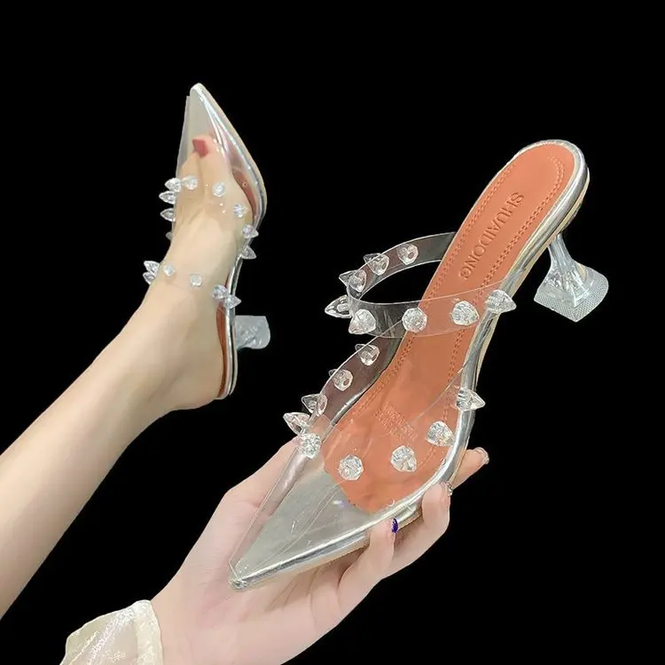 

New Summer Women Elegant Pumps Sky High Heels Bling Crystal Shoes Woman Sexy Ladies Party Club Dress Transparent Slippers, As picture