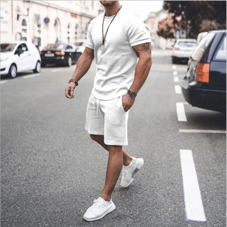 

Wholesale Customized Men's Jogging Summer Two Piece Tracksuit Short Sleeve Sportswear Gym Wear T-Shirt and Sleeve Suit, 11color