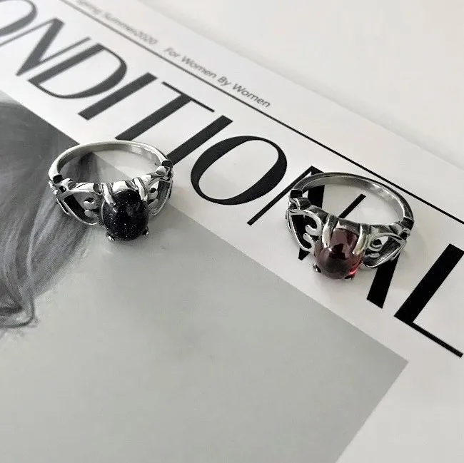 VAF Gothic Black Red Ruby Gem Stone Ring Couple Stainless Steel Hollow Heart Ring for Men Women